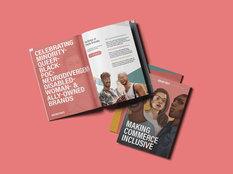 Open magazine and a closed magazine with diverse people on the covers, placed on a pink background.