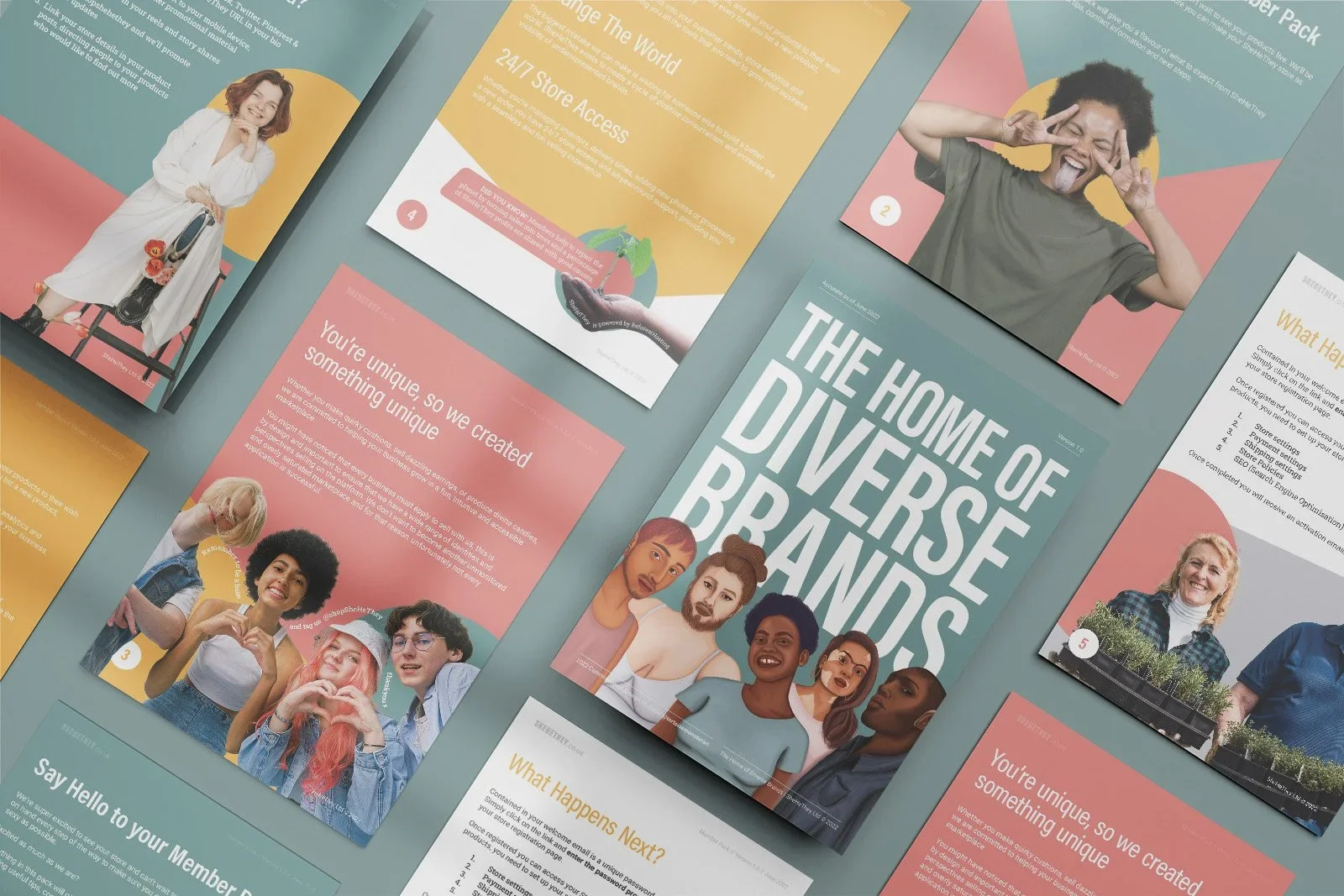 A collection of colorful brochures and flyers for the brand 'The Home of Diverse Brands' featuring diverse people, vibrant backgrounds, and various promotional messages.