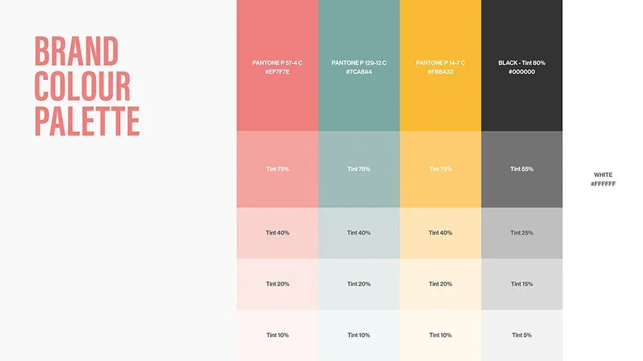 A color palette chart showing four main brand colors with Pantone and hex codes, and their tint variations from 10% to 75%.