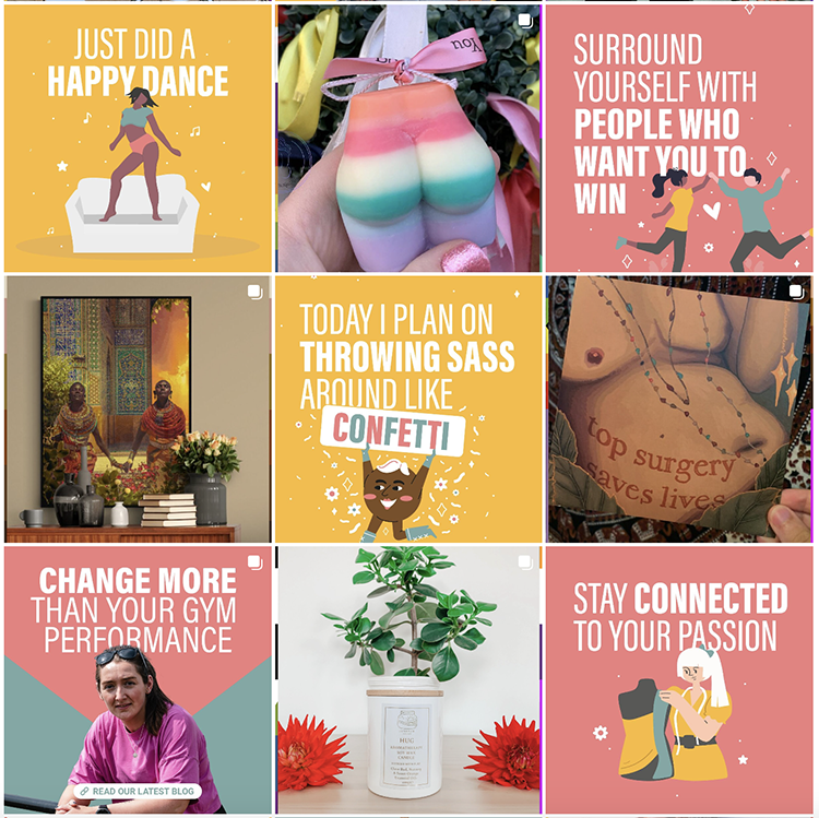 A collage of nine images with motivational and lifestyle themes. Top left: a cartoon woman dancing on a bed with the text 'Just did a happy dance'. Top center: a rainbow-colored cake shaped like a butt with pink ribbons. Top right: people running with the text 'Surround yourself with people who want you to win'. Middle left: two women sitting in front of a colorful tapestry with flowers and books. Middle center: a woman with a book titled 'Today I plan on throwing sass around like confetti' with a cartoon cat. Middle right: a tattoo on a person's side reading 'Top surgery saves lives'. Bottom left: a woman in pink sportswear with the text 'Change more than your gym performance'. Bottom center: a potted plant on a white table with red flowers. Bottom right: two women, one with gray hair and a blonde with a camera, with the text 'Stay connected to your passion'.