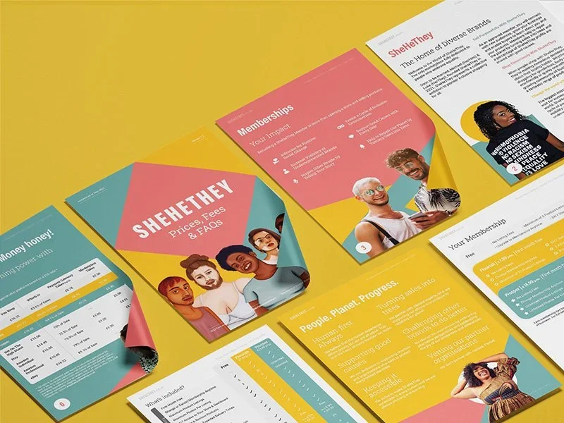 Colorful brochures and pamphlets about She menget and diversity, featuring images of diverse women and men, on a yellow background.