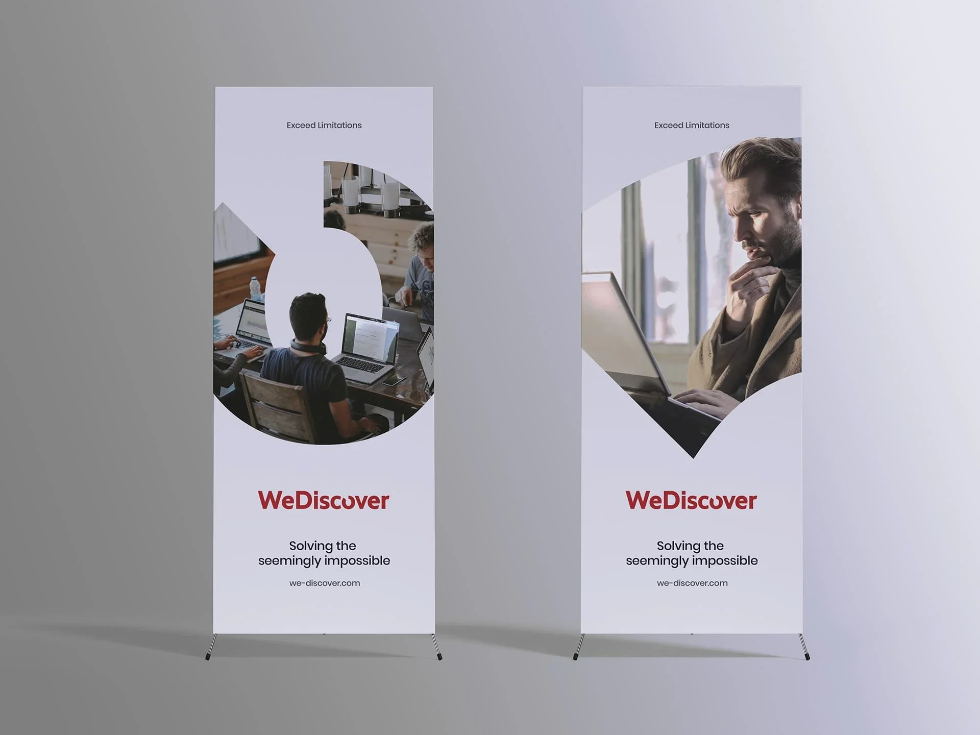 Two vertical banners with the text 'Exceed Limitations' at the top and the logo 'WeDiscover' with the slogan 'Solving the seemingly impossible'. The left banner shows a group of people working on laptops in a meeting room. The right banner features a man with a beard and brown jacket working on a laptop in a bright room.