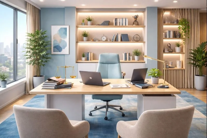 Oficina moderna con mesa de madera, silla ejecutiva, dos sillones, estanterías con libros y plantas, gran ventana con vista urbana.