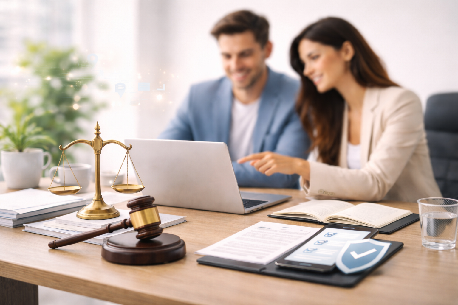 Dos personas, un hombre y una mujer, discuten frente a una laptop en una oficina, con un balanza de justicia y un mazo en primer plano.