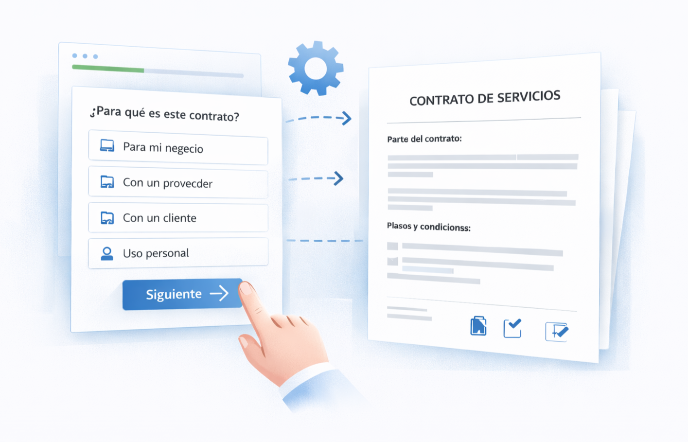 Ilustración de una interfaz digital para contratos de servicios y un botón de 'Siguiente' con una mano apuntando.