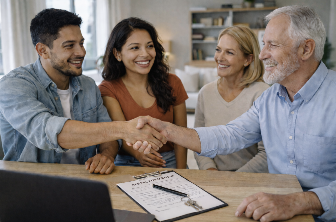 Vista de cuatro personas sonriendo y compartiendo un apretón de manos en una reunión de alquiler, con un documento y llaves sobre la mesa.