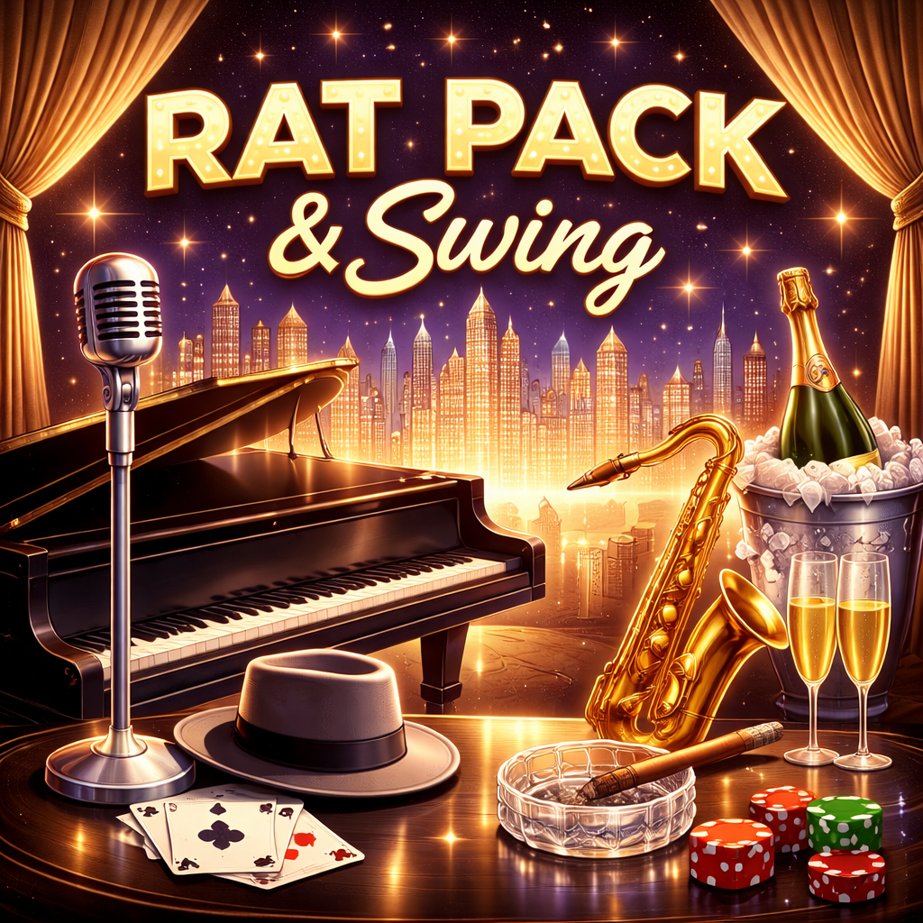 Stage with golden curtains, background of a city skyline at sunset, and a sign reading "Rat Pack & Swing." On the stage are a grand piano with a vintage microphone, a fedora hat, a set of playing cards, a cigar in an ashtray, and +18 casino chips. To the side, there is a champagne bottle in an ice bucket, two champagne glasses, a gold saxophone, and a bottle of champagne in ice.