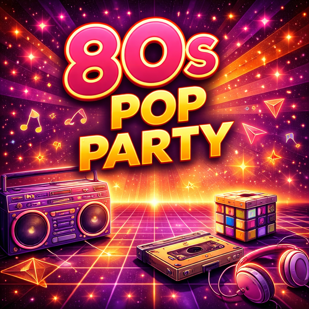 A colorful 80s-themed pop music party poster with neon lights, musical notes, a boombox, a vintage cassette tape, a Rubik's cube, and headphones, all set against a starry, glowing background.