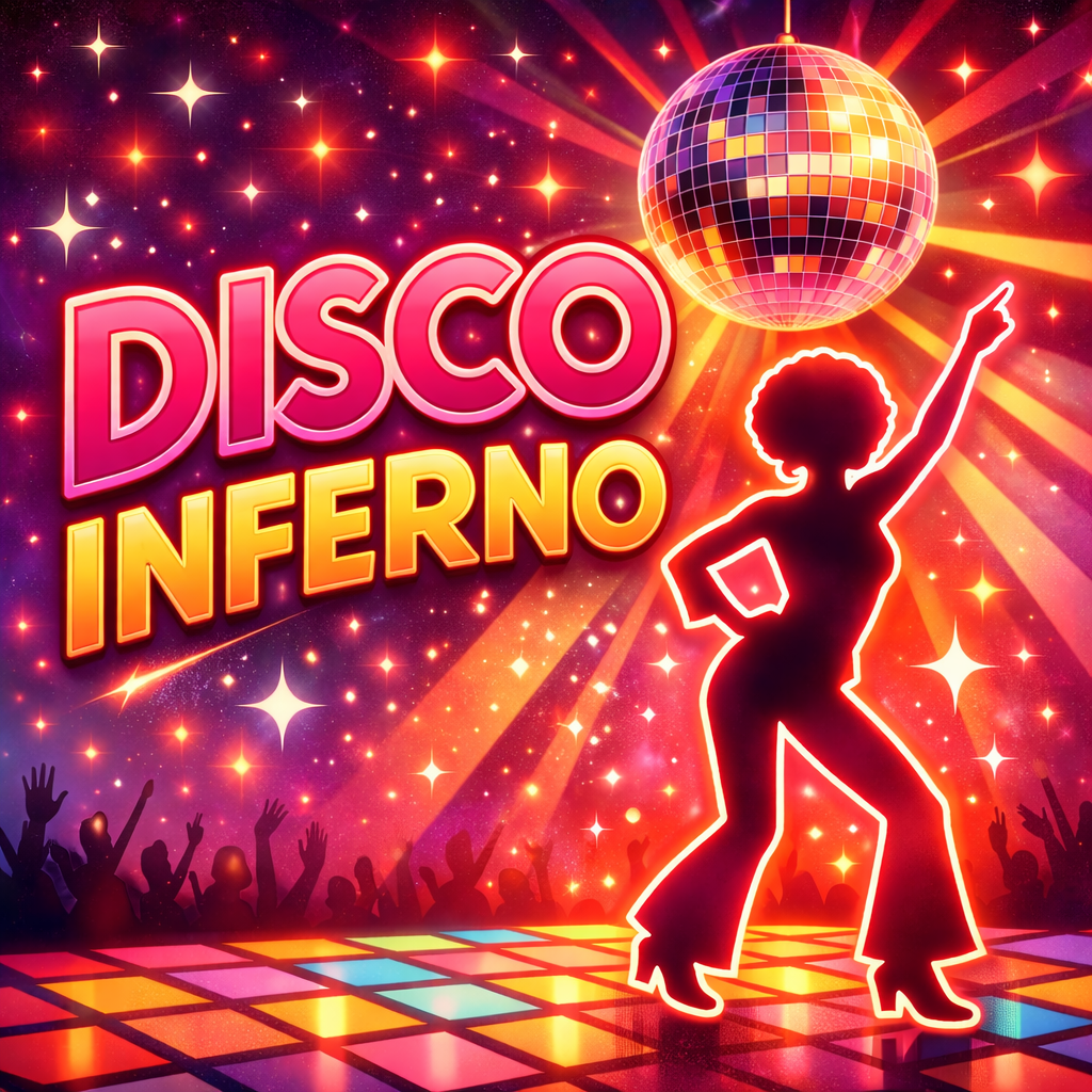 A vibrant disco scene featuring a neon silhouette of a woman dancing with a hat, alongside a colorful disco ball, with shining stars, bright lights, and an excited crowd in the background. The text 'Disco Inferno' is prominently displayed in bold, colorful letters.