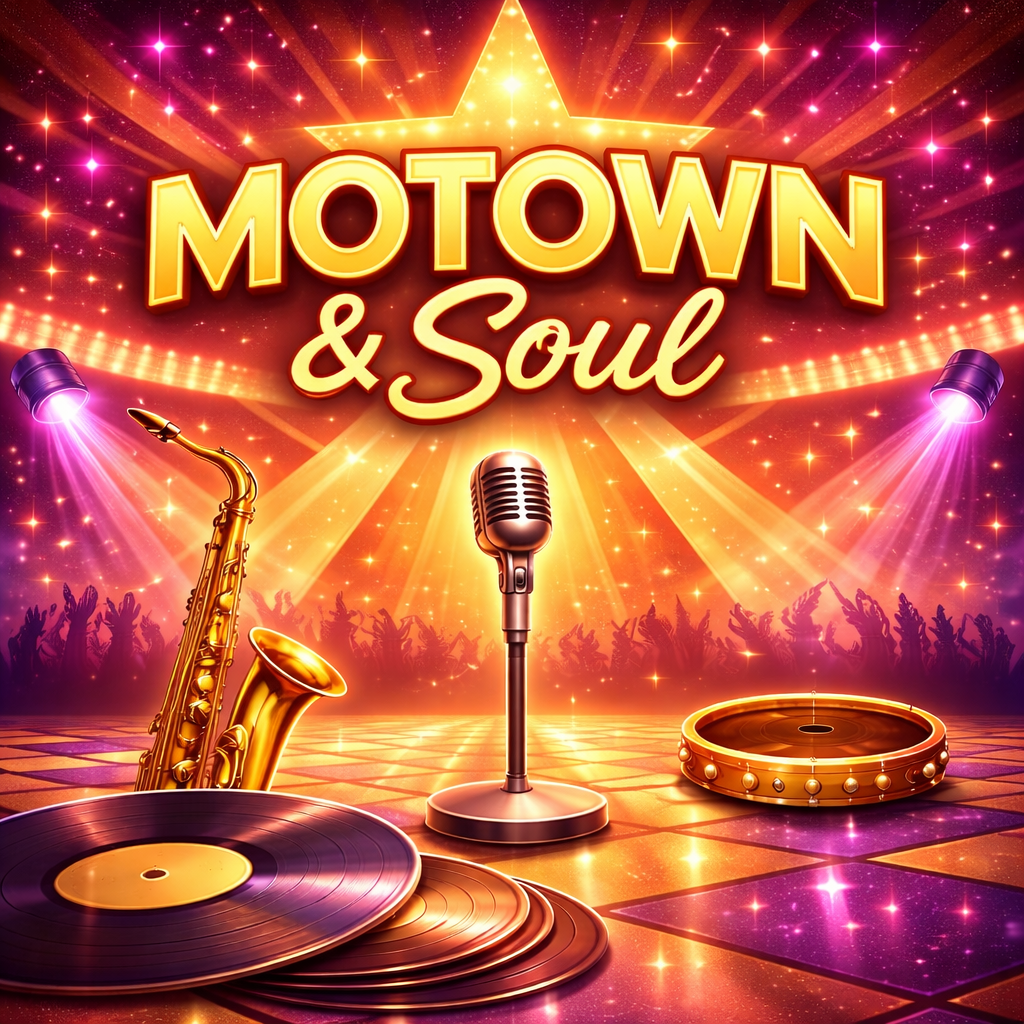 A vibrant concert scene with the text 'Motown & Soul' in glowing letters. The stage features a microphone, a saxophone, vinyl records, and a shuffleboard game, with bright purple, pink, and orange lighting and an audience silhouette in the background.