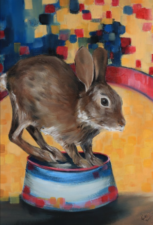 Frisco Bunny, oil on cradled panel, 14 x 11, 2024