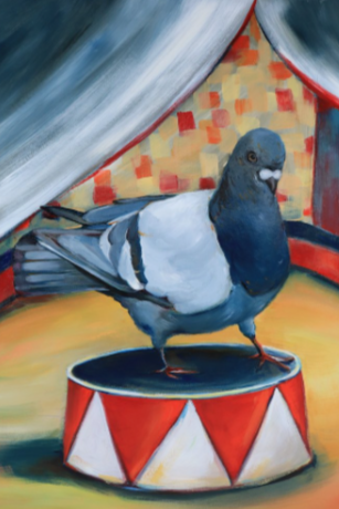 Don't Let The Pigeon Run the Circus, oil on cradled panel, 16 x 12, 2025