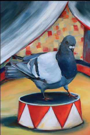 Don't Let The Pigeon Run the Circus, oil on cradled panel, 16 x 12, 2025