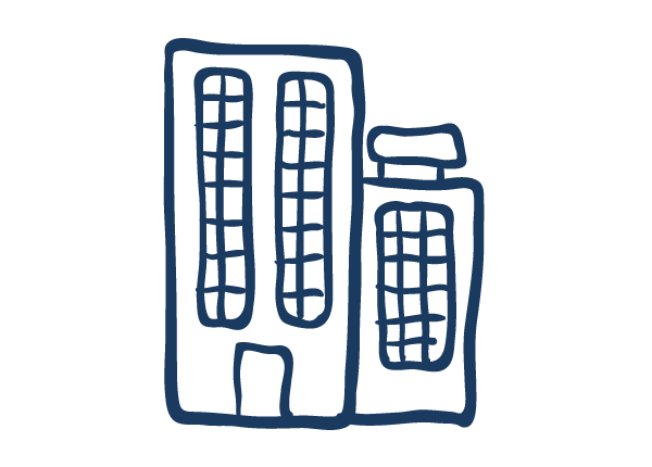 Hand-drawn illustration of two multi-story buildings with windows, one taller and one shorter.