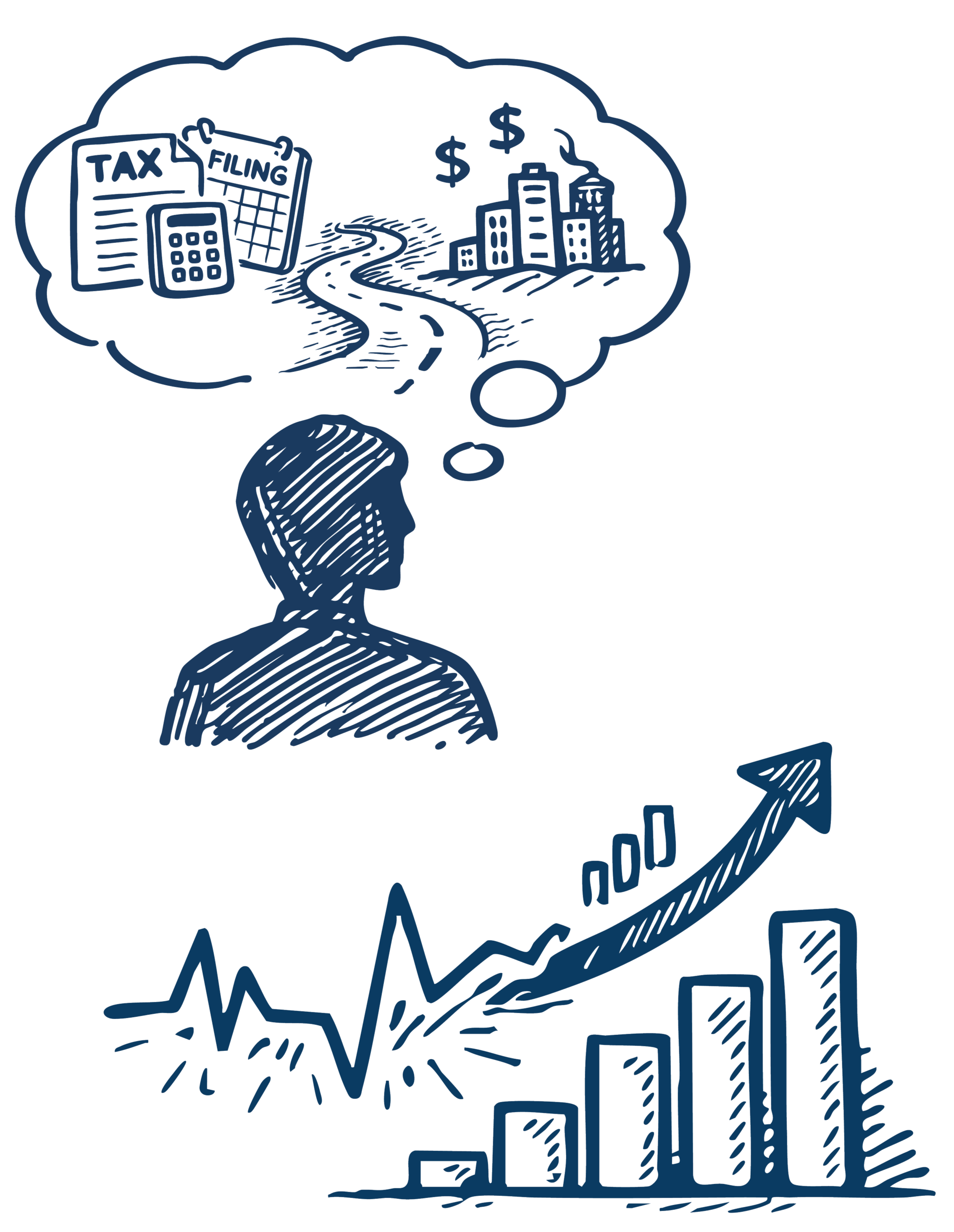 A person with a thought bubble containing images of tax documents, a calculator, money, and buildings; and an upward trending arrow with a bar graph and fluctuating line indicating growth or progress.