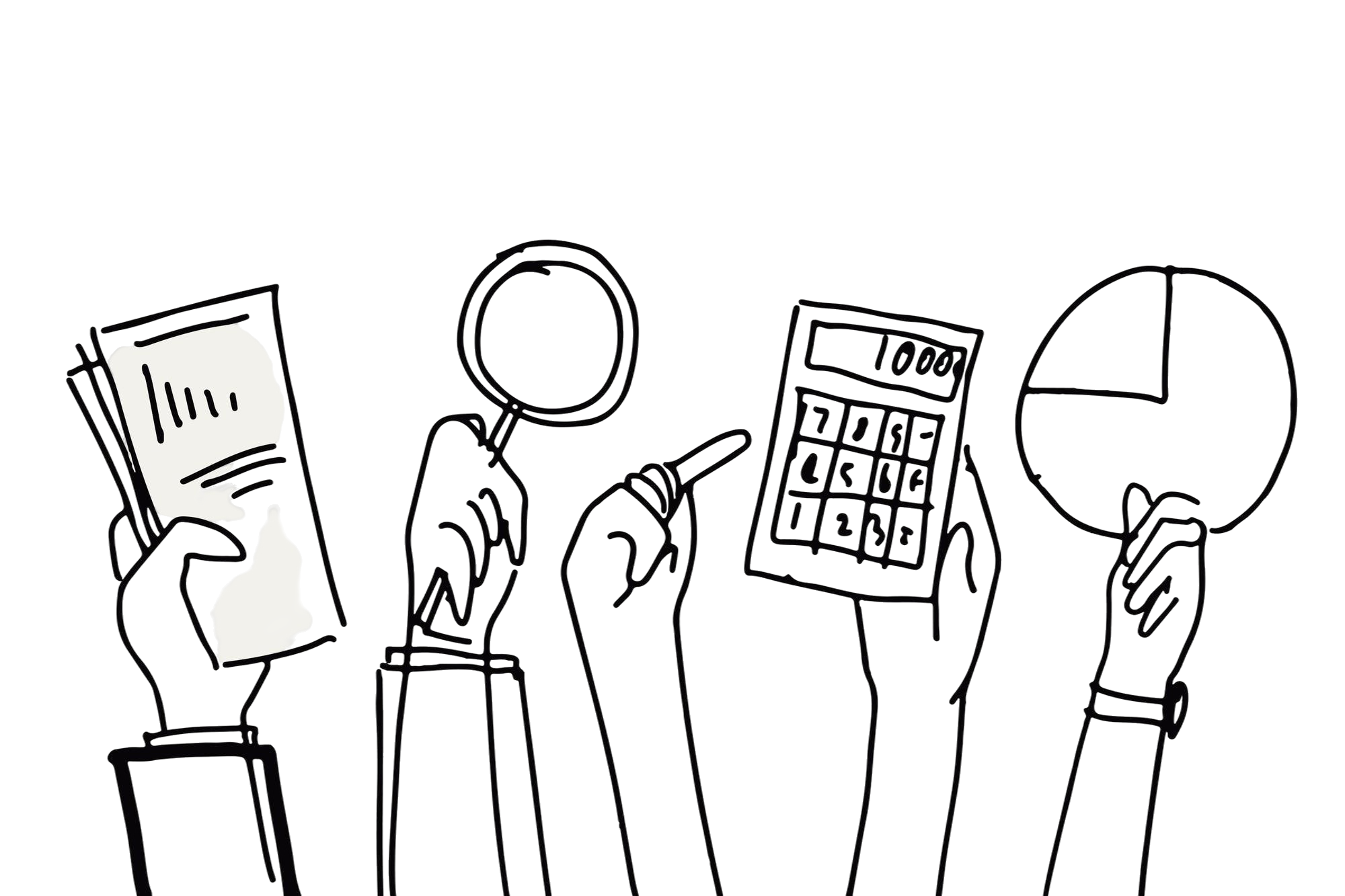 Line drawing of four people using different digital devices: a smartphone, a tablet, a calculator, and a laptop.