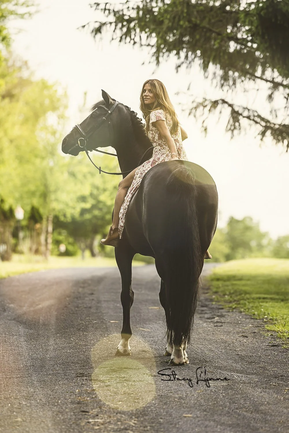 Woman on a dark horse