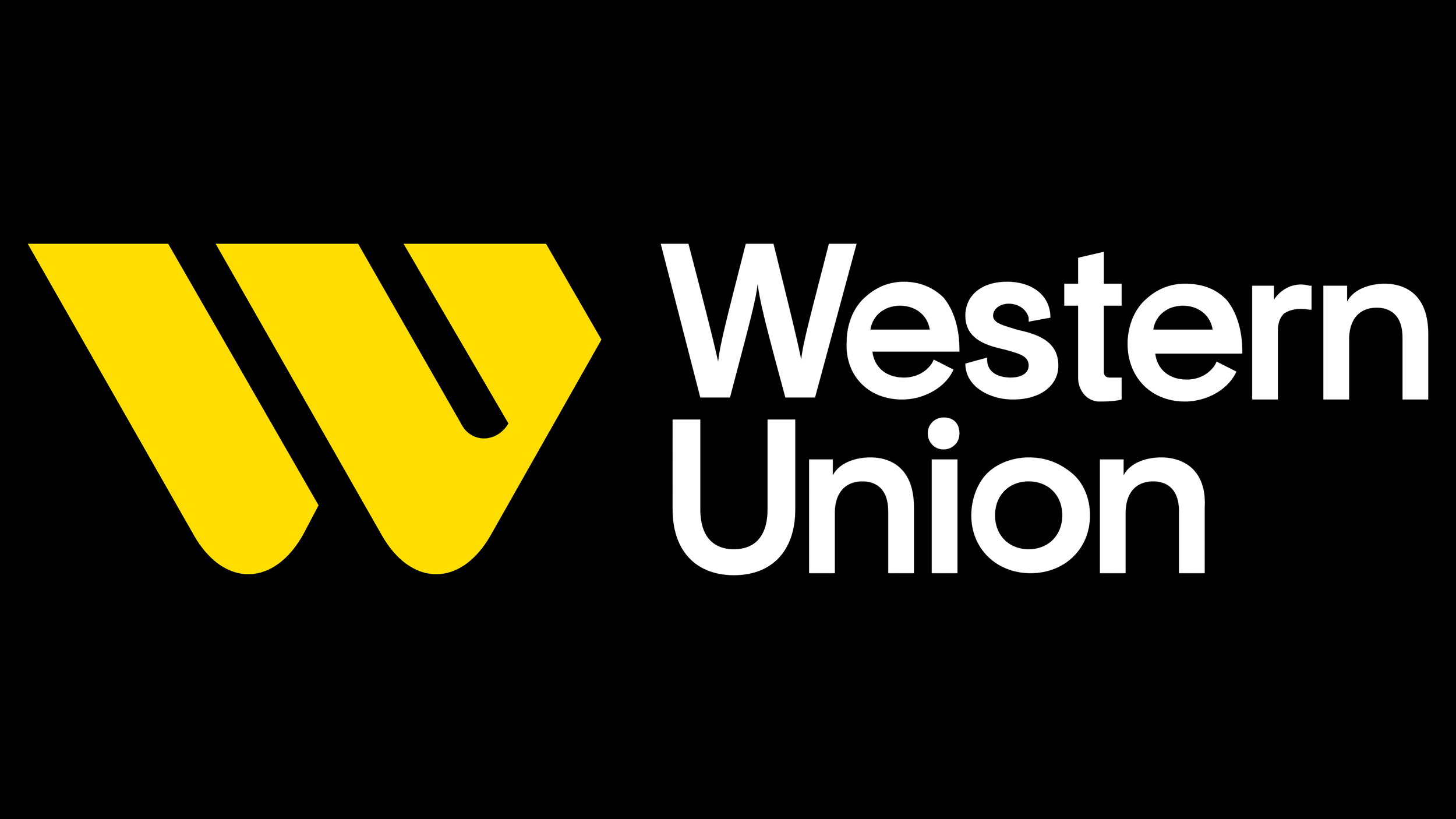 Western Union logo with a yellow W symbol and white text on a black background.
