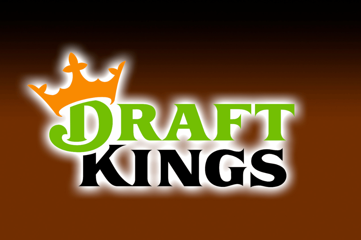 Logo for Draft Kings with a crown graphic and the words "DRAFT KINGS" in green and black text on a brown background.