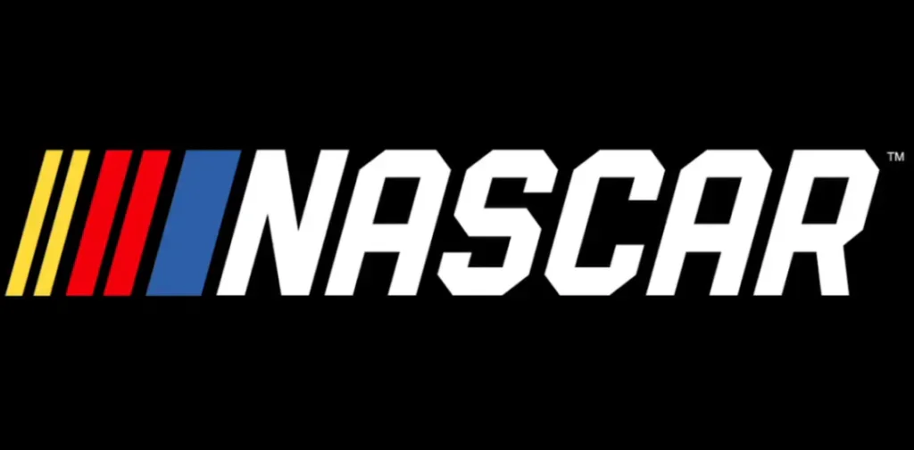 NASCAR logo with red, yellow, and blue stripes on a black background.