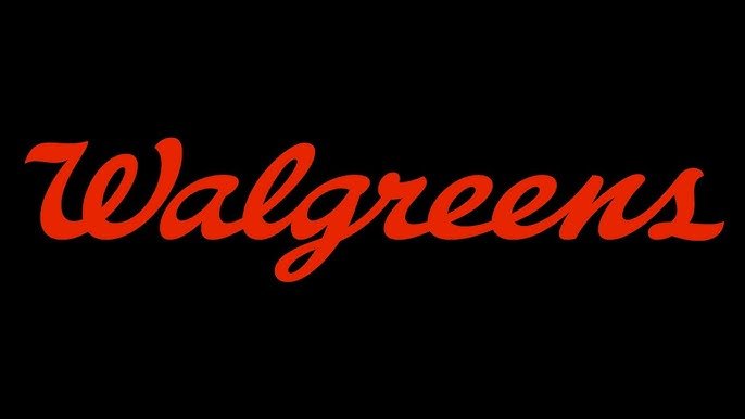 Walgreens logo in red cursive font on a black background.