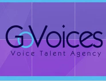 Logo for GV Voices Voice Talent Agency with purple background and stylized text.