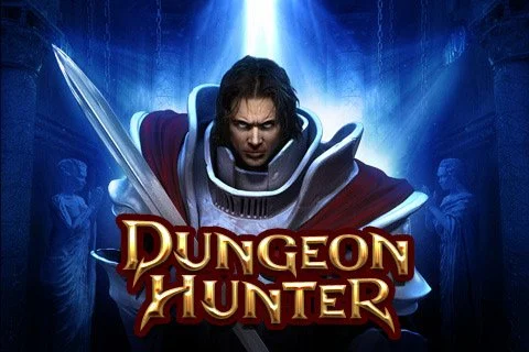 Logo for the video game Dungeon Hunter showing a male warrior with dark hair, wearing armor, holding a sword, with a mystical blue background.