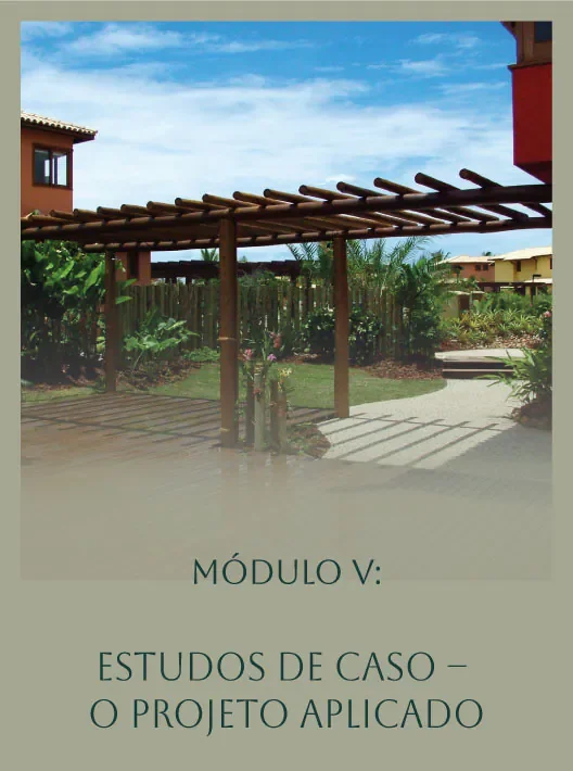 Imagem de um espaço ao ar livre com pérgula de madeira, plantas e calçada, sob céu azul