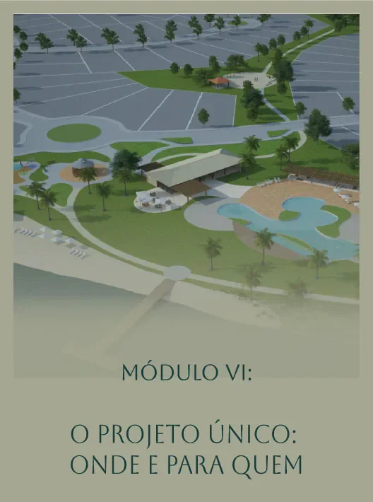 Ilustração aérea de uma área com estacionamento, áreas verdes, lago artificial, estrutura de eventos e caminhos, com o texto 'Módulo VI: O Projeto Único: Onde e Para Quem' em destaque.