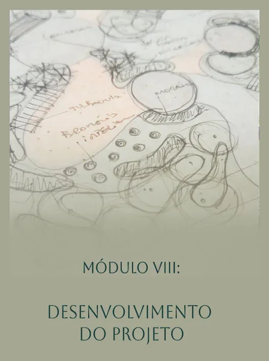 Desenho de rascunho de projeto com anotações e diagramas, nesta imagem apresenta o título "Módulo VIII: Desenvolvimento do Projeto".
