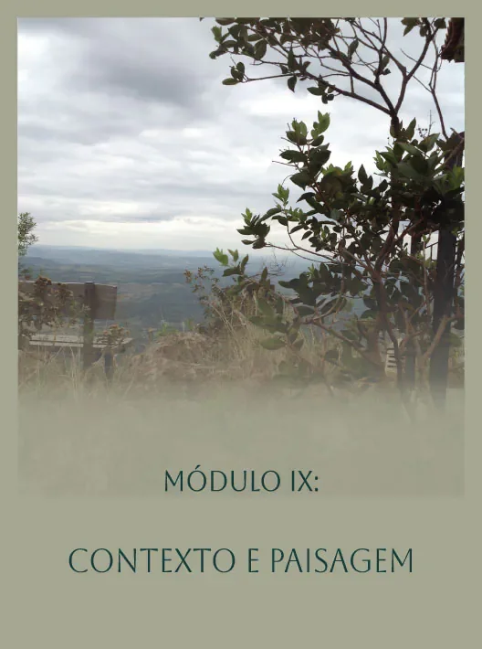 Céu nublado, paisagem rural com árvores e vegetação, texto 'Módulo IX: Contexto e Paisagem'