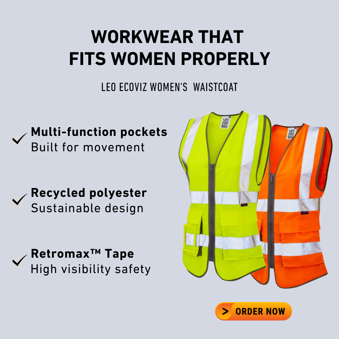 An advertisement for women's workwear featuring high-visibility safety vests in yellow and orange, highlighting features such as multi-function pockets, recycled polyester fabric, and Retromax tape for safety.