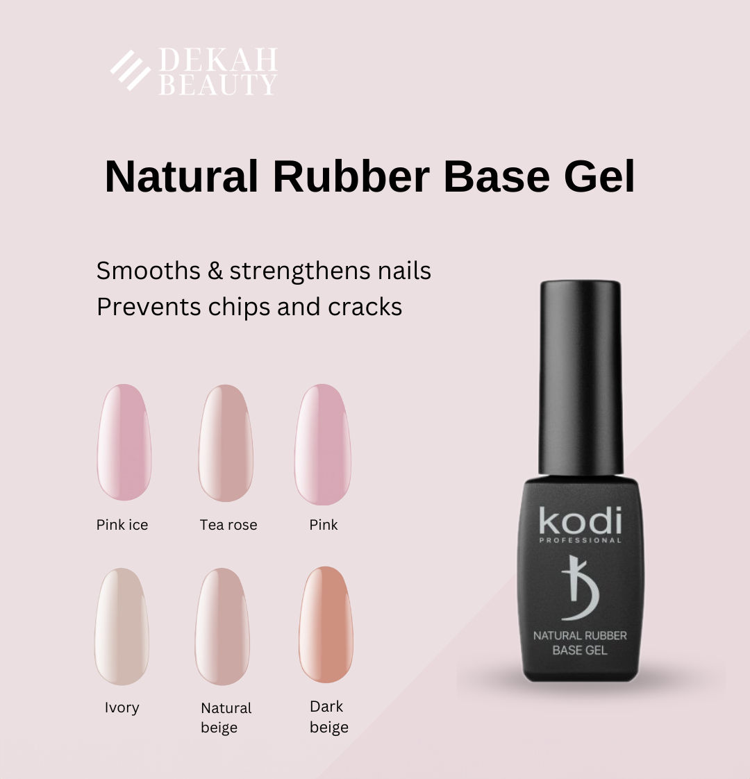 An ad creative for natural rubber base gel promotion featuring six nail polish swatches in pink ice, tea rose, pink, ivory, natural beige, and dark beige.