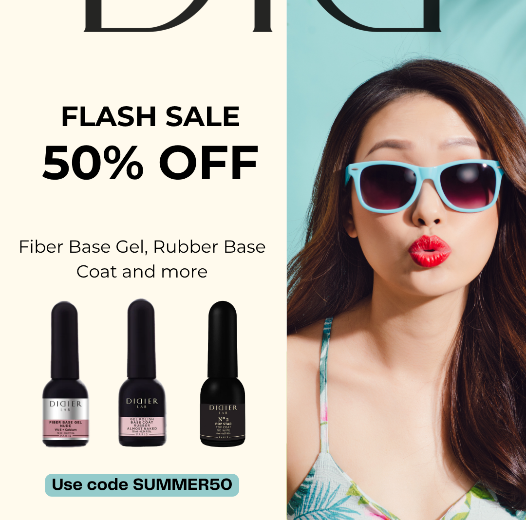 A promotional advertisement for a flash sale on nail products, offering 50% off on fiber base gel, rubber base coat, and more. The ad features three bottles of nail polish and a woman with long hair wearing sunglasses with a blue frame and red lipsti