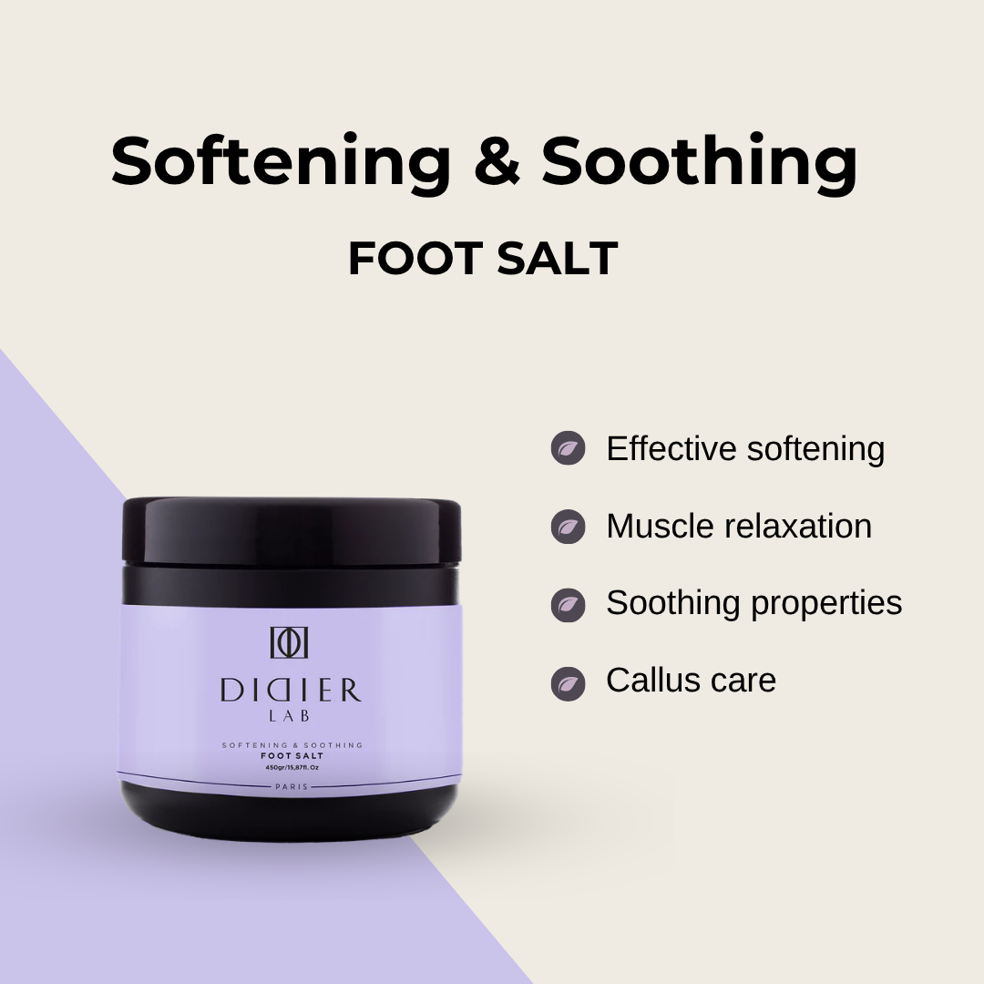 Social media product visual for Didier Lab Foot Salt, highlighting its soothing and softening benefits.