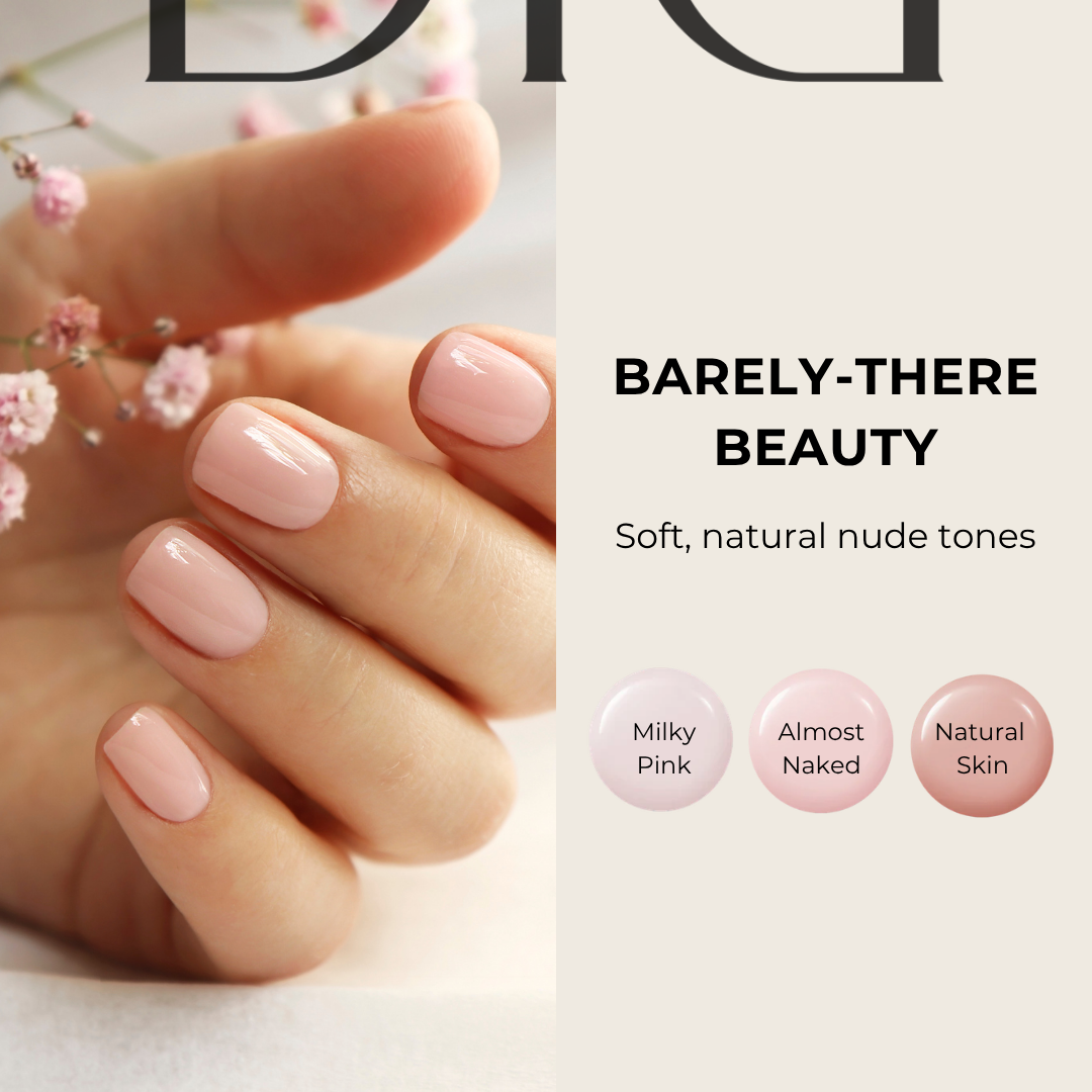 Close-up of a hand with manicured nails painted in a soft, natural nude tone, accompanied by small pink flowers, with the words 'Barely-There Beauty' and color options 'Milky Pink,' 'Almost Naked,' and 'Natural Skin' on the right side.
