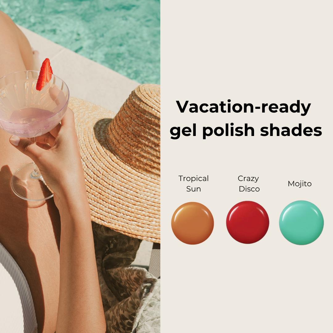 A woman lounging by a pool holding a cocktail with a strawberry garnish, wearing a white swimsuit and a straw hat, with pool water in the background.