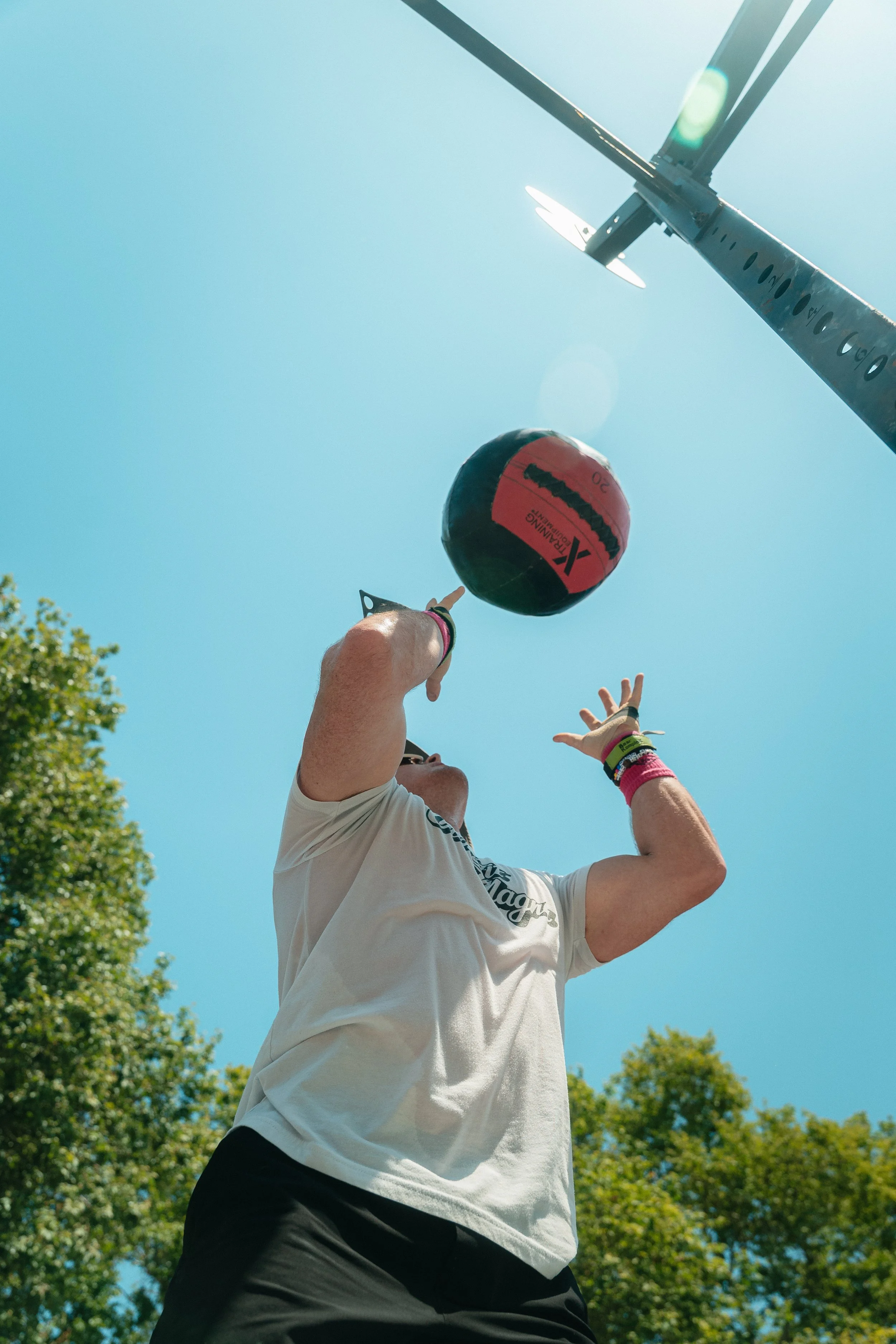 A person is performing a medicine ball toss during a workout outside, with trees in the background and a clear blue sky overhead.
