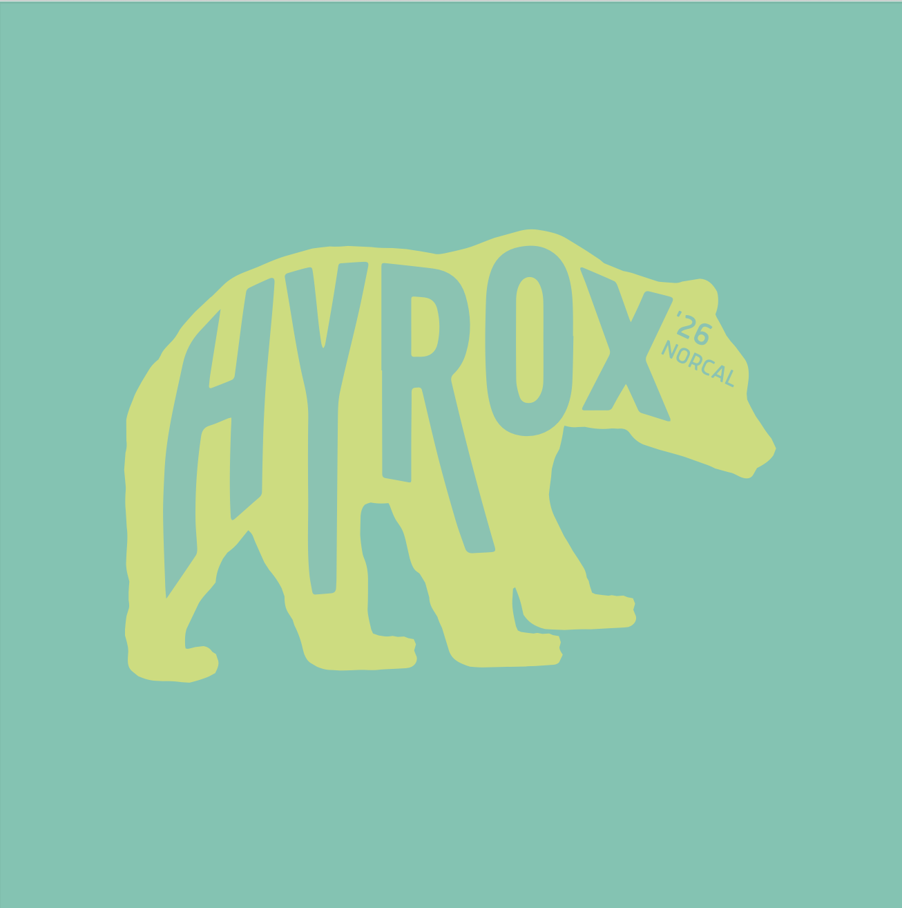 Graphic of a bear silhouette with the word 'HYROX' inside and '26 NorCal' written on the bear's head, on a turquoise background.