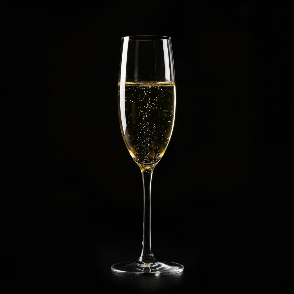 A tall glass of champagne with bubbles against a black background.