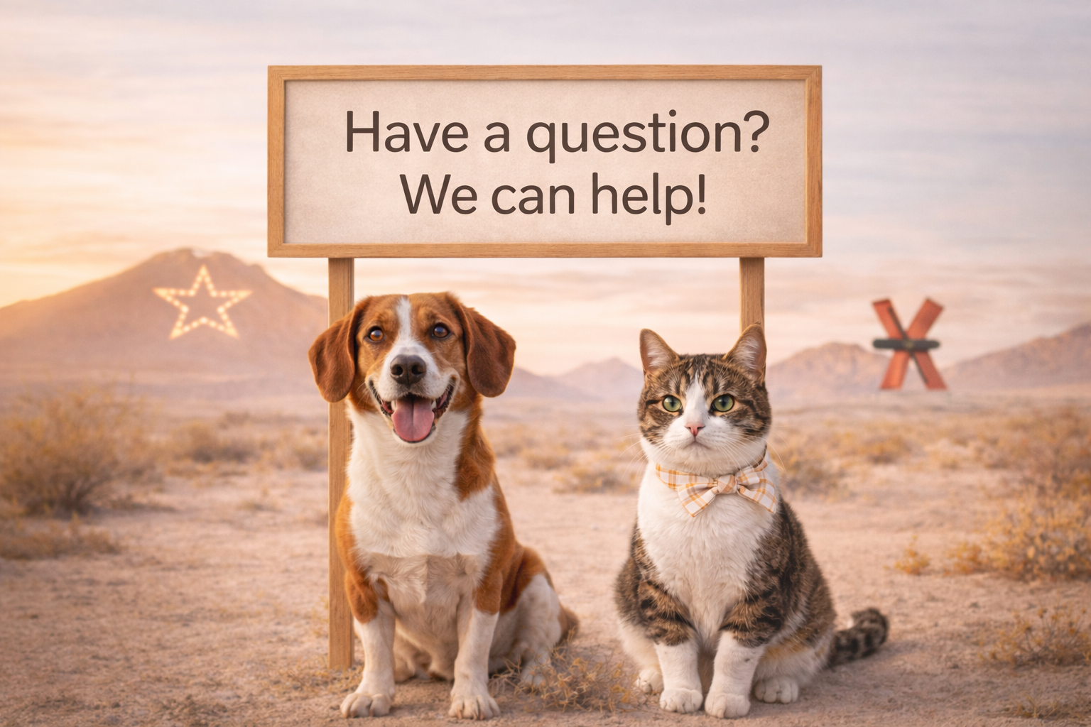 Dog and cat in the El Paso–Juárez desert landscape representing trusted cross-border veterinary care coordination.