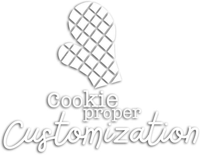A black background with a white oven mitt icon above the text 'Cookie Proper Customization', emphasizing baking or cookie customization.