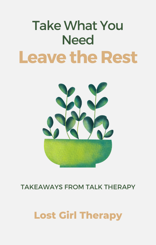 An infographic with the title 'Take What You Need Leave the Rest' and an illustration of a green potted plant, promoting talk therapy for finding valuable insights and support.