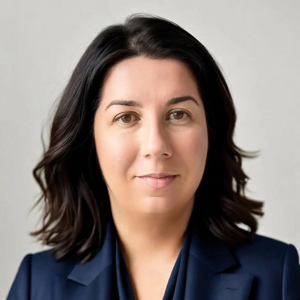 www.studiomallick.com - A woman with shoulder-length dark hair wearing a navy blazer, looking at the camera with a neutral expression, against a plain light background.