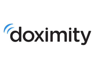Doximity logo with black text and blue signal waves above the letter 'd'