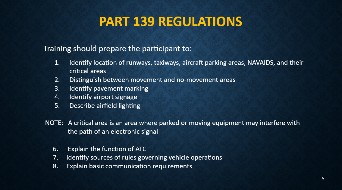 Static text slide 1 of 2 list of training topics for airport driver training.