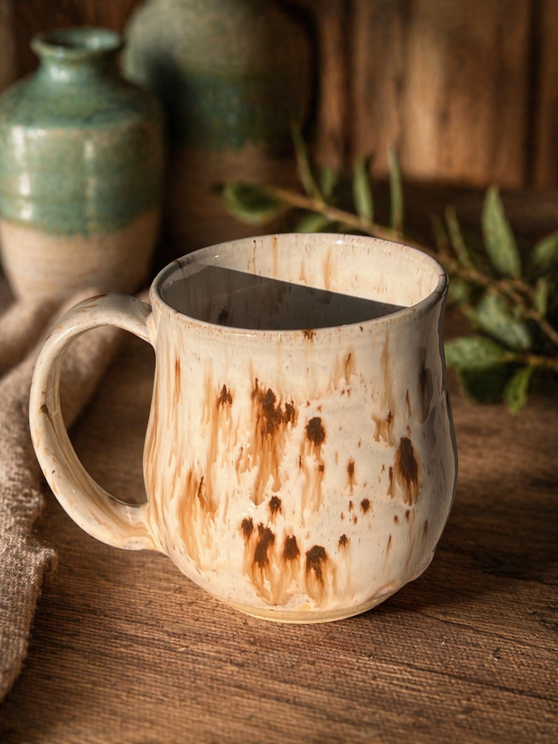 A rustic ceramic mug with a cream-colored glaze and brown drip design 