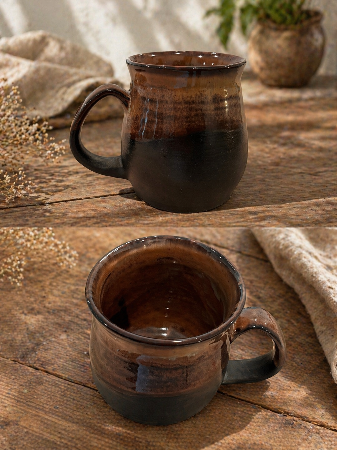 A brown and black ceramic mug 