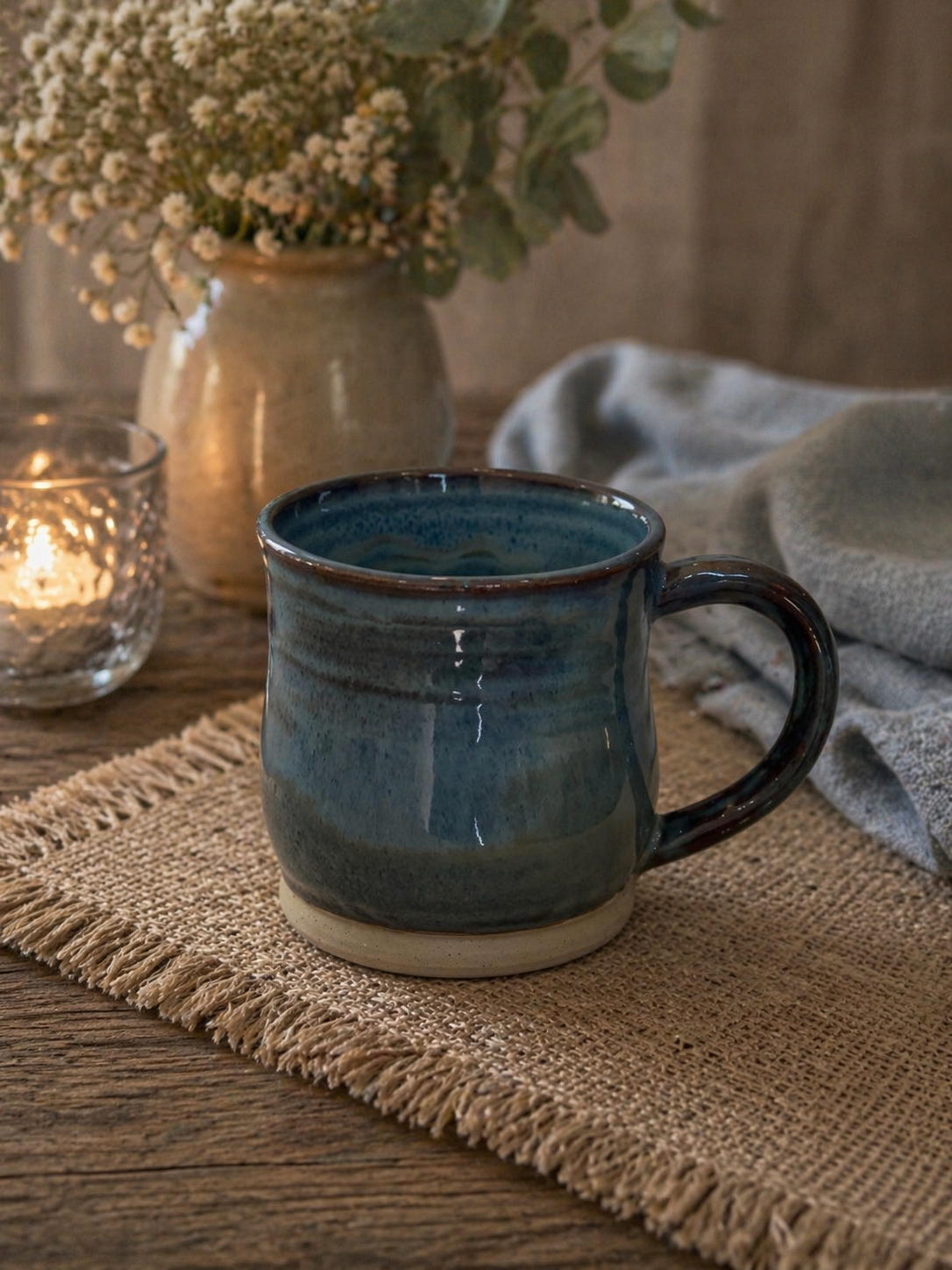 A blue ceramic mug 
