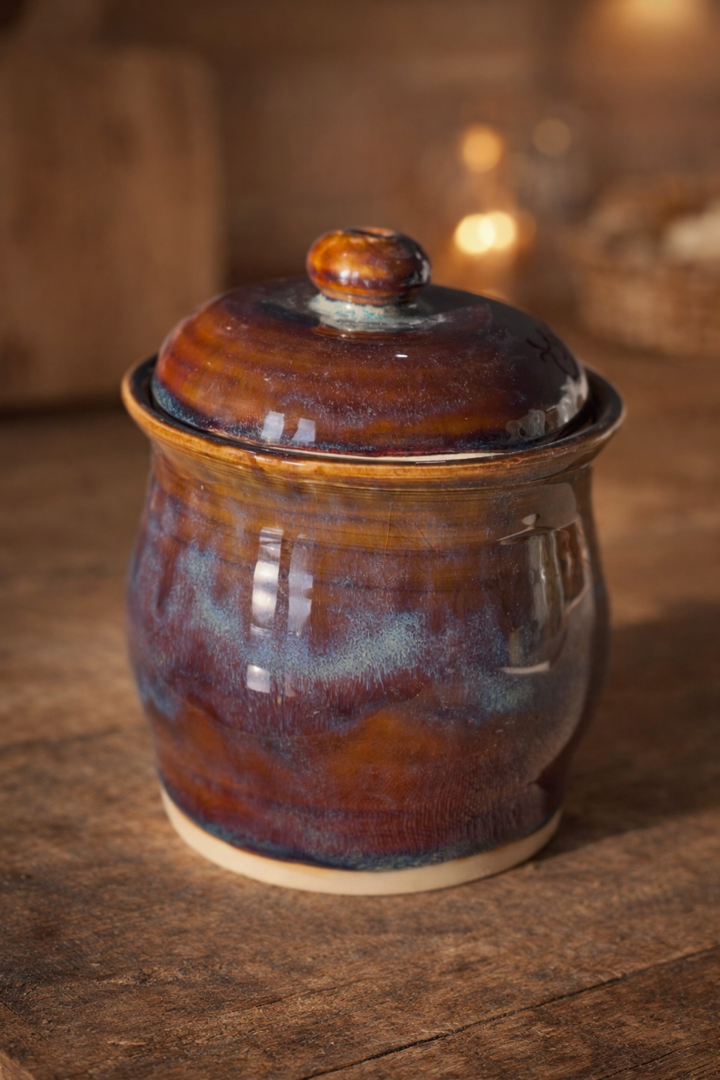 A rustic ceramic jar with a matching lid, glazed in earthy tones of brown, orange, and blue, 